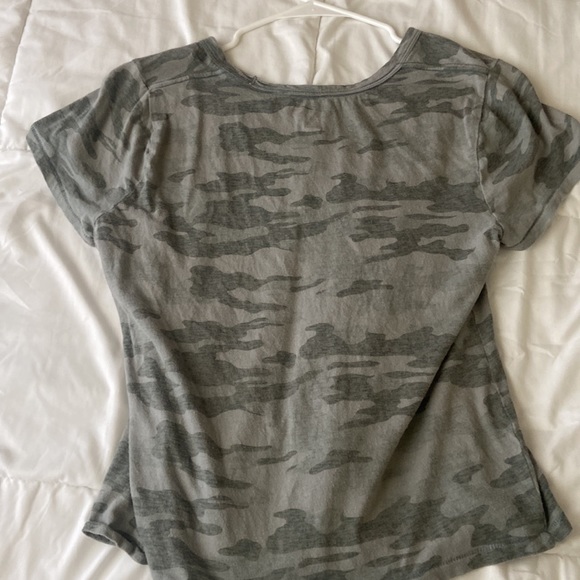 A large sized green camo v-neck cut shirt. - Picture 2 of 4